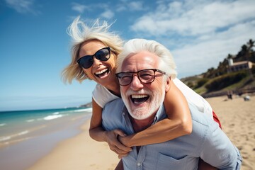 image of happy mature senior couple on the beach piggyback - obrazy, fototapety, plakaty