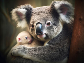 A mother koala with her baby in the forest