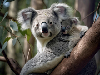 Fototapeta premium A mother koala with her baby in the forest