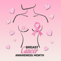 Breast cancer awareness month. Female silhouette with ribbon and flowers in paper cut style.