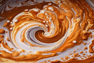 swirls of milk and coffee mixing for a latte art masterpiece