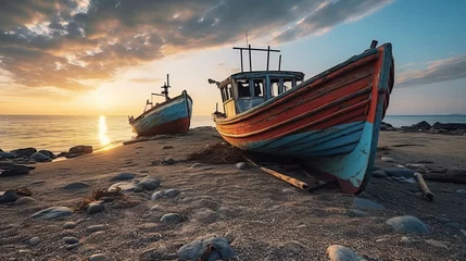 Fototapeten Rusty abandoned fisherman boats on shore. AI generative. © vadymstock