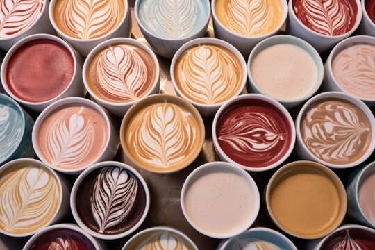 latte art patterns on multiple coffee cups lined up