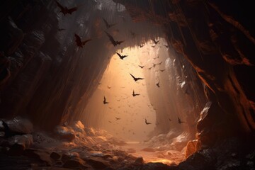 close-up of bats flying out of a dark cave entrance