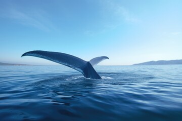 blue whales tail fluke disappearing into deep blue water - obrazy, fototapety, plakaty