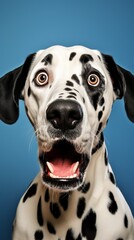 Studio portrait of a Dalmatian dog with a surprised face. AI generative.