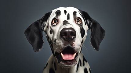 Studio portrait of a Dalmatian dog with a surprised face. AI generative.