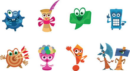 Fun game icons set. Cartoon characters for various game situations. Bright isolated symbols