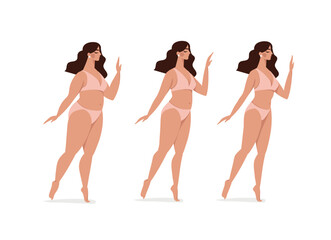 Weight loss stages, overweight woman losing weight from fitness or diet, set of flat cartoon vector illustrations isolated on white background.