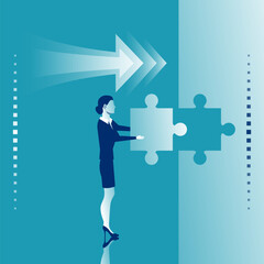 Completion mission concept. Businesswoman standing with back holding puzzle in hands putting in jigsaw. Business metaphor. Vector illustration flat design. Successful implementation plan. Execute plan