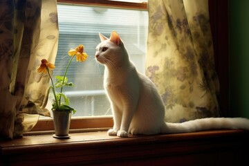 cat perched on a windowsill, watching mouse outside