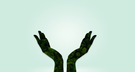 green forest Double exposure effects on silhouette hand . Conceptual, abstract. Nature, ecology, environment, earth. Save the planet green