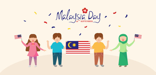 Fototapeta premium Malaysia day banner vector illustration. Kids holding Malaysia flag to celebrate the national day of Malaysia. 16 th September.