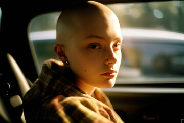 Fototapeta na wymiar Portrait of sad thoughtful young hairless woman with cancer after chemotherapy