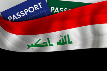 Iraqi flag background and passport of Iiraq. Citizenship, official legal immigration, visa, business and travel concept.