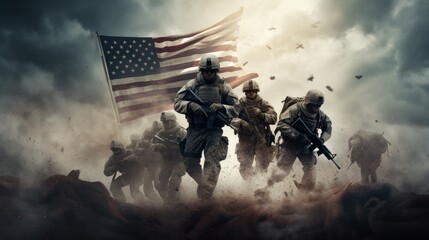 US soldiers in combat with USA flag. AI generative.