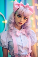 A young student stands proudly in her pastel-colored clothing, her pink hair tied in a bow and her barbie-like features contrasting boldly against the vivid blue backdrop