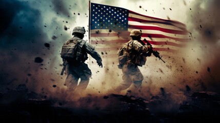 US soldiers in combat with USA flag. AI generative.