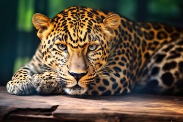 wild leopard lying on a wooden surface, animal wildlife