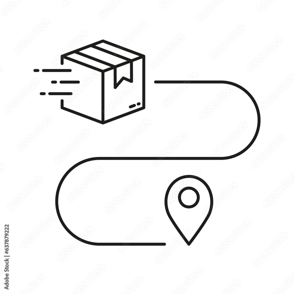 Poster Shipment Distance, Pin on Map with Box Outline Icon. Order Route Sign. Parcel Location Linear Pictogram. Delivery Service Path Line Symbol. Editable Stroke. Isolated Vector Illustration
