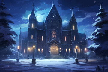 Fototapeta na wymiar anime style setting, a magnificent winter church