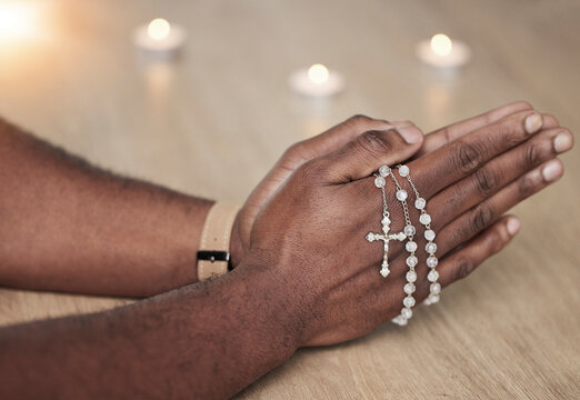 Rosary, Man Hand And Cross Prayer Beads In A Home With Hope, Christian Praise And Religion. Praying, Necklace And Worship In A House With God, Gratitude And Spiritual Guide For Support And Healing