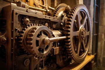 Fototapeta na wymiar wooden gear mechanism in antique machinery
