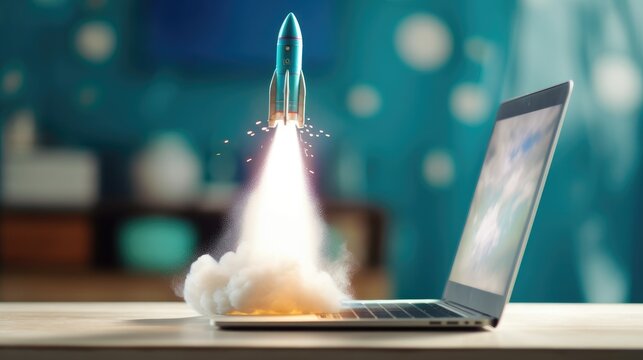 A rocket launched in front of a laptop. Concepts of marketing, business startup, growth. Generative AI