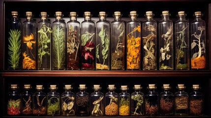 Herbal apothecary aesthetic concept. Natural dried plants herbs, spices, flowers ingredients in vintage inspired pharmacy. Organic alternative medicine. AI illustration..