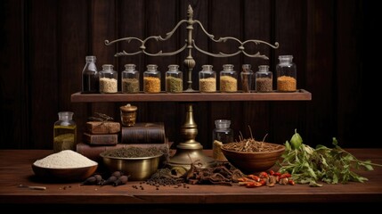 Fototapeta na wymiar Herbal apothecary aesthetic concept. Natural dried plants herbs, spices, flowers ingredients in vintage inspired pharmacy. Organic alternative medicine. AI illustration..