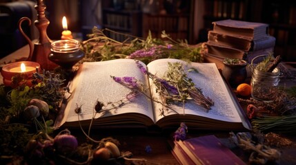 Herbal apothecary aesthetic concept. Natural dried plants herbs, spices, flowers ingredients in vintage inspired pharmacy. Organic alternative medicine. AI illustration..