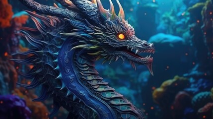 Sea dragon with glowing eyes. Head of Fantasy Monster in blue water. Creature in the ocean. Fairy tale beast. AI illustration.