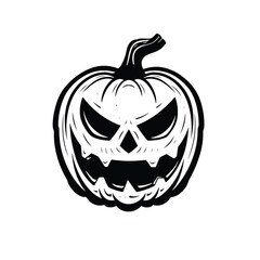Halloween pumpkin with scary face, black and white flat vector on white background
