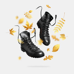 Creative concept of autumn shoes. Black flying leather men's or women's boots, autumn golden leaves on light background. Fashionable stylish hiker boots. Minimalistic footwear Mock up