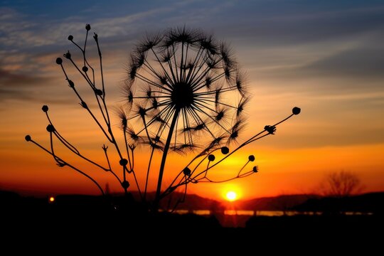 dandelion seed head silhouette against sunset sky