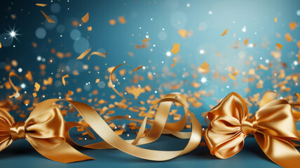 gold color of rolling ribbon and confetti on light blue background with copy space text or logo. .