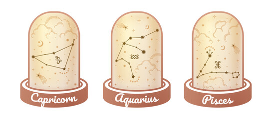 Capricorn, Aquarius, and Pisces zodiac symbols and star signs constellation simple styles surrounded by golden clouds, moon, stars, and stardust in the magic jar, esoteric.  - obrazy, fototapety, plakaty