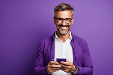 man with phone on purple background. .