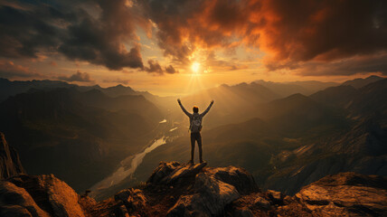 Success man hiker hiking on sunrise mountain peak. .