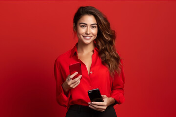 Naklejka premium woman with phone on red background. .