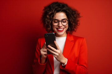 woman with phone on red background. . - obrazy, fototapety, plakaty