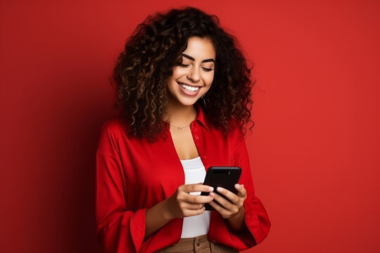 woman with phone on red background. .