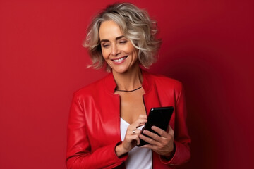 Naklejka premium attractive mature woman with phone on red background. .