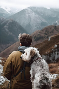 rear view of man with backpack hiking with shaggy fluffy gray dog in mountains in autumn pet adoption traveling with dog generative ai