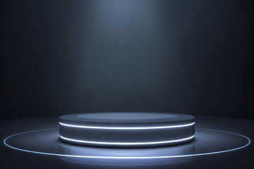 Realistic round podium product display background illuminated neon lights studio setup generative ai