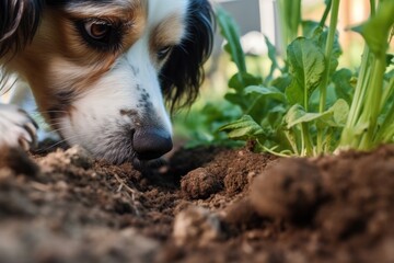 close-up of dogs paws digging hole in garden soil