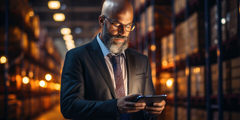 Businessman using tablet on logistic network distribution and smart transportation and networking intelligent logistics. .