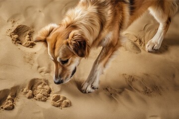 dog leaving paw prints while digging in sand