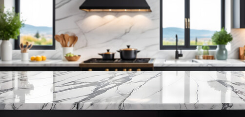 display or montage products, marble table top with the blurred bokeh kitchen. panoramic landscape. generative AI