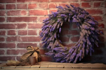 rustic lavender wreath drying on a brick wall background